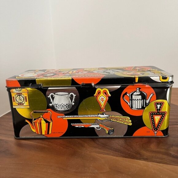 VINTAGE HB & S Biscuit Rectangular Tin Hinged Lid Antiques Motif Made England - Picture 4 of 13